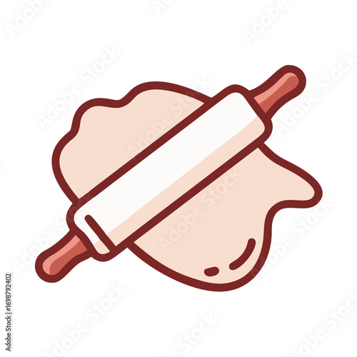 Illustration of a rolling pin with white center rolling out dough on a white background surface view