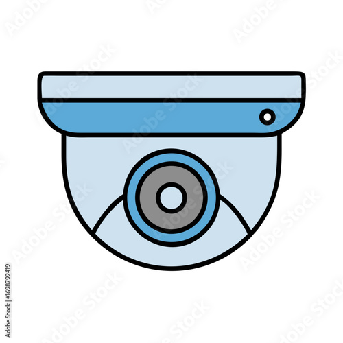 Illustration of a light blue dome security camera with a black outline and a gray lens design element