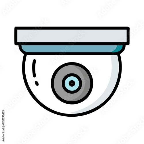 Illustration of a dome security camera with a gray lens and a rectangular mounting base in light blue
