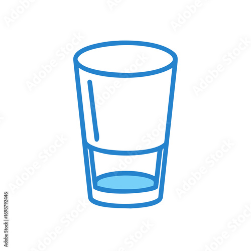 Illustration of a clear glass with a blue outline and a small amount of blue liquid at the bottom part