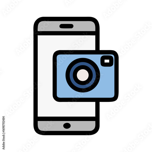 Illustration of a smartphone with a camera icon overlayed on the screen for photography apps use