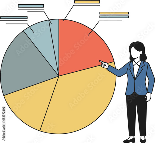 Businesswoman Presenting Pie Chart, Data Analysis Presentation, Financial Report Illustration, Market Share Graph, Strategic Planning Visual