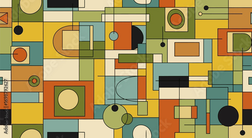 Colorful Geometric Abstract Composition with Lines and Shapes.