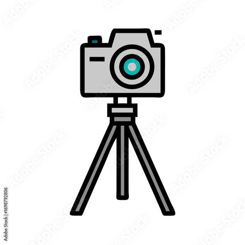 Illustration of a gray camera with a blue lens placed on a gray and black tripod stand setup view