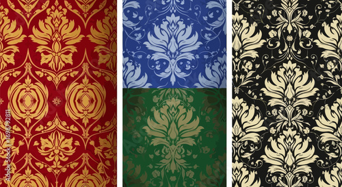 Set of Three Vintage Damask Pattern Backgrounds in Varied Colors.