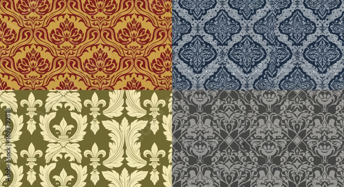 Four Decorative Seamless Patterns with Floral Designs.
