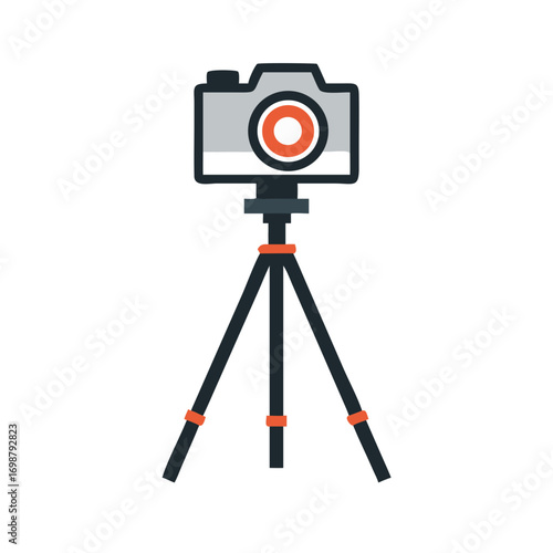 Illustration of a gray camera with an orange lens mounted on a black and orange tripod stand setup