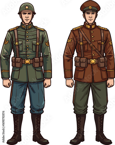 Two cartoon soldiers in different military uniforms with insignia, helmet and cap, standing pose for army comparison and educational concept