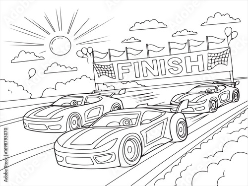 Racing cars crossing finish line coloring page with cheering crowd illustration
