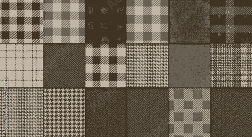 Textured Fabric Swatches with Plaid Houndstooth and Herringbone Patterns.