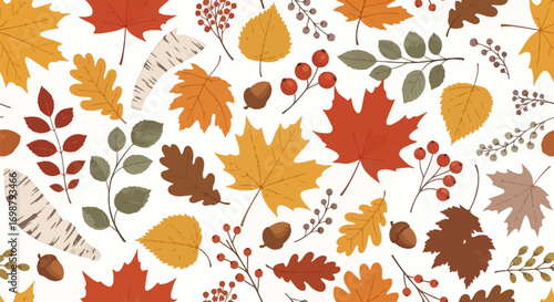 Colorful Autumn Leaves and Berries Pattern Design.