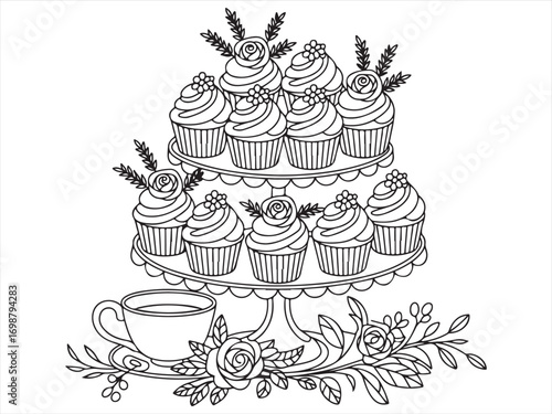 Cupcake tower outline with decorative cream toppings and flower arrangement coloring