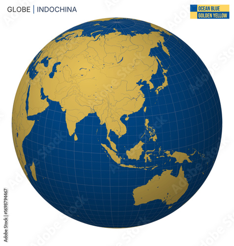 Vector Globe centered to Indochina. Ocean Blue Golden Yellow palette. World map with meridians, parallels, countries, rivers and lakes. Awesome vector illustration.