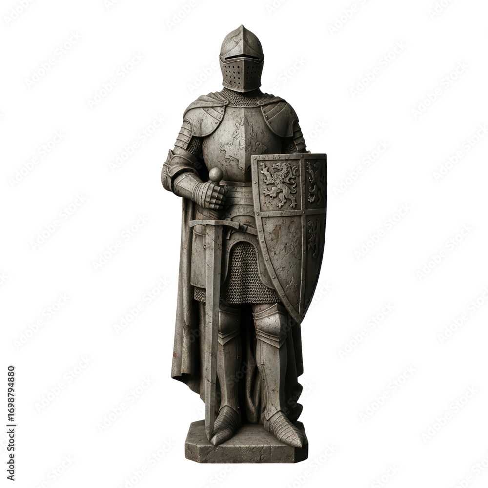 Fototapeta premium Medieval stone knight sculpture with shield and sword on transparent background