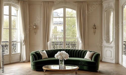 Elegant French Apartment Living Room with Green Velvet Sofa and Stylish Details