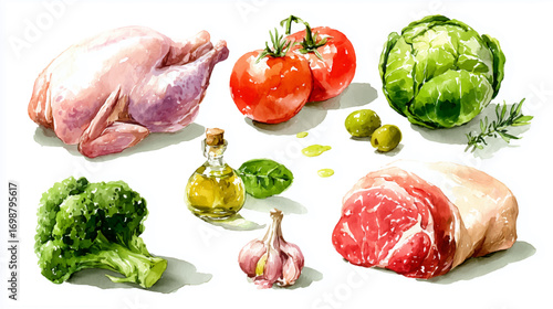 Watercolor painting vector illustration. Meat, tomatoes, greens. Good diet isolated on white background 