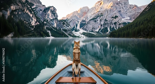 Husky on boat admiring majestic mountain lake reflections at sunrise