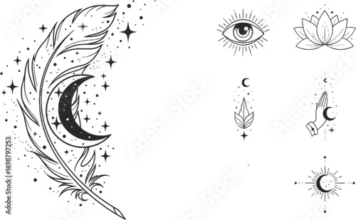 Vector art of mystical feather with moon, eye, lotus and stars, a celestial and spiritual symbol, perfect for tattoo art