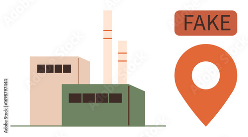Factory structure with smokestacks next to an orange location pin labeled Fake. Ideal for concepts thumbs up fake places, industrial fraud, misinformation, questionable origins, counterfeit goods