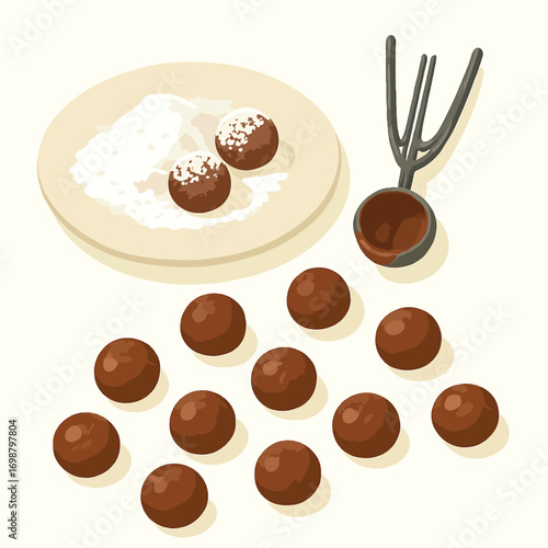 Cartoon food art shows brown ghriba on white. Perfect for food blogs, social media, or product photography.