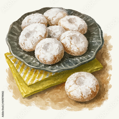 Watercolor ghriba cookies with powdered sugar. Food illustration art for cookbooks, recipe blogs, or holiday-themed social media posts.