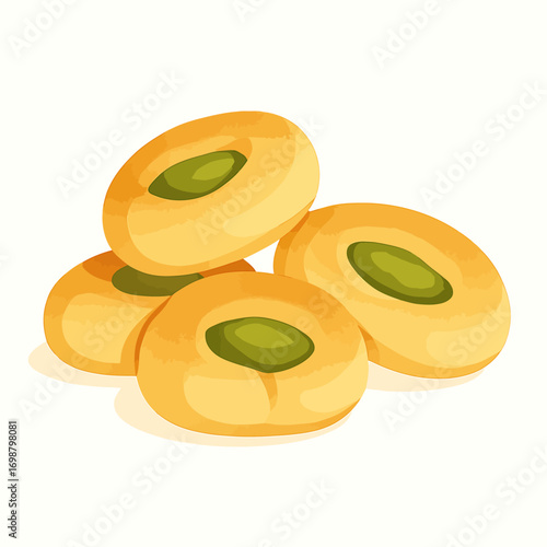 Golden cookies illustration shows smooth ghriba , highlighting product. Perfect for food blogs, social media, recipe books.