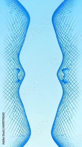 Abstract blue grid shapes on a light blue background creating mirrored, symmetrical, and curving forms of netting suggesting depth and flowing design.