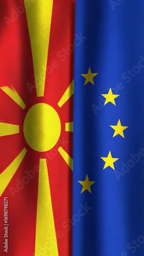 Detailed rendering of flags, stylized sun flag, red and yellow flag with the European Union flag with golden stars on a blue surface