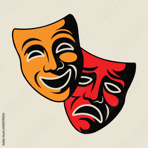 Comedy and Tragedy Theater Masks in Bold Red and Orange Cartoon Illustration