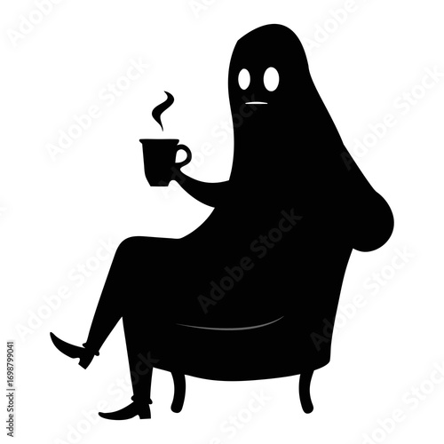 Vector illustration of a fictional ghost sitting on a chair and drinking coffee