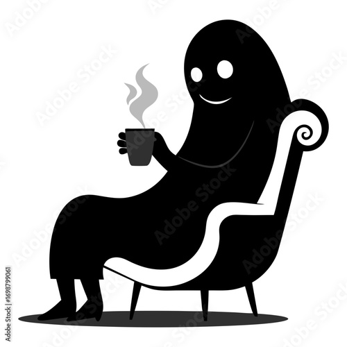 Vector illustration of a fictional ghost sitting on a chair and drinking coffee