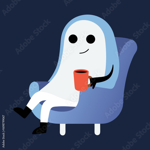 Vector illustration of a fictional ghost sitting on a chair and drinking coffee
