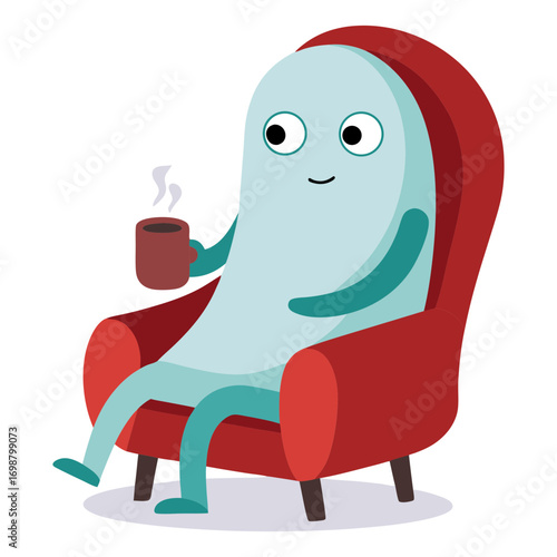 Vector illustration of a fictional ghost sitting on a chair and drinking coffee