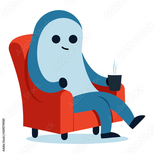 Vector illustration of a fictional ghost sitting on a chair and drinking coffee