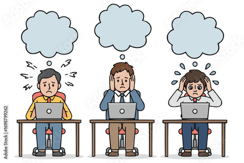 Cartoon Office Workers Showing Stress and Frustration While Using Laptops with Thought Bubbles
