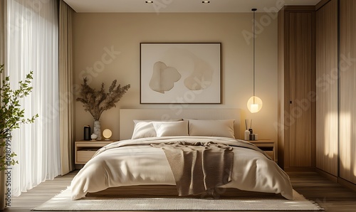 Sophisticated and serene bedroom interior featuring a calming neutral color palette