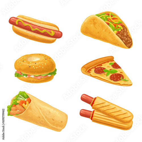 Set fast food icon. Burrito, hamburger, pizza, bagel with salmon, hotdog, taco. Vector color realistic isolated illustration
