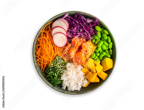Poke Bowl. Salad bowl, Rice with salmon, radish, red cabbage, edamame beans and sesame seeds. The concept of delicious and healthy food, top view of poke bowl on white backgronud