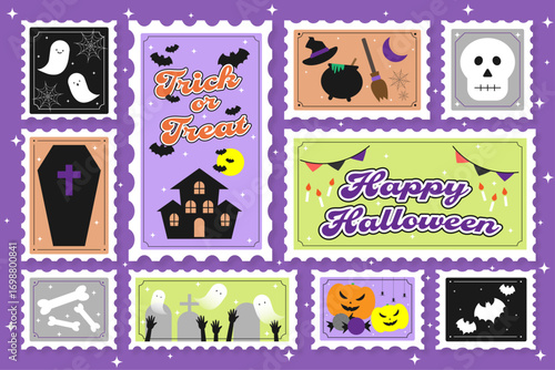 Cute Halloween Postage Stamp Set with Ghosts, Pumpkins and Bats