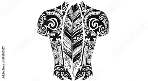 Vector art of intricate tribal tattoo design featuring a feather and maori patterns, showcasing body art and cultural heritage