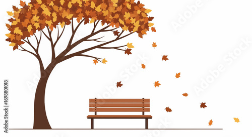 Scenic Autumn Vector Landscape with a Park Bench and Tree with Falling Leaves