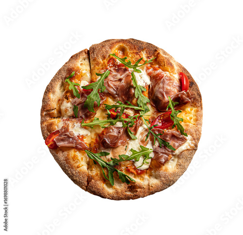 Prosciutto pizza with strachatella cheese, tomatoes and arugula leaves, top view, closeup. Isolated on transparent background