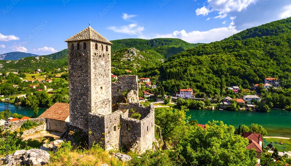 Fototapeta premium Panoramic view of a historic stone tower and ruins