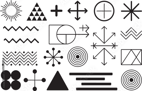black geometric vector shapes symbols seamless abstract pattern pack crosses plus signs triangles circles arrows design