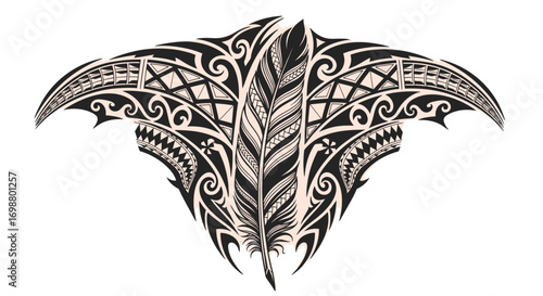Vector art of elaborate tribal tattoo design featuring a feather with intricate patterns, showcasing body art and cultural motifs