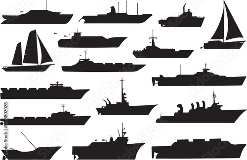 silhouettes of maritime vessels including sailboats motorboats destroyers carriers and patrol ships vector illustration