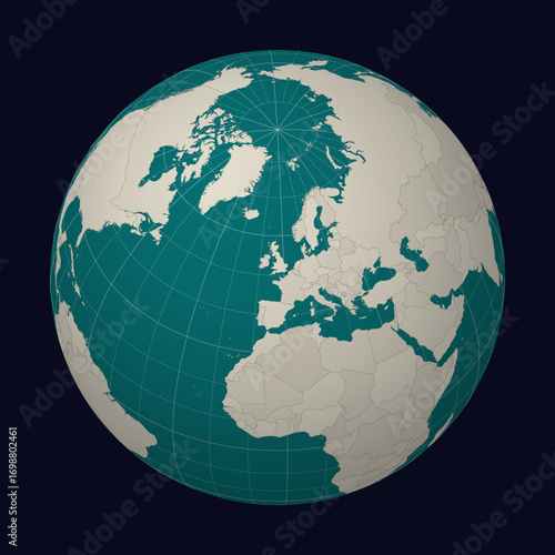 Guernsey on the map. Globe centered to Guernsey. Country location on the world map. Teal Pale Mint color palette. Globe with countries, meridians and parallels. Charming vector illustration.