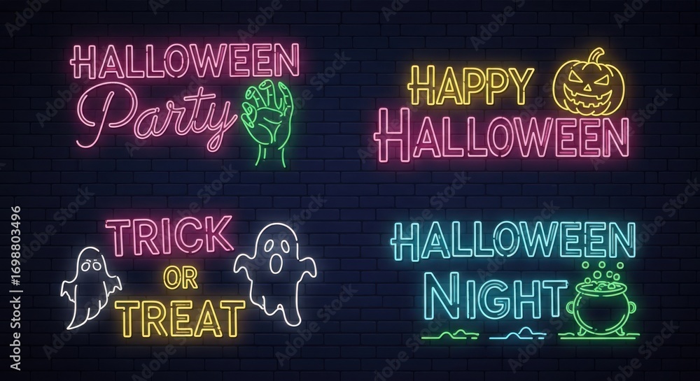 Naklejka premium A collection of neon signs illuminates a dark brick wall with halloween greetings