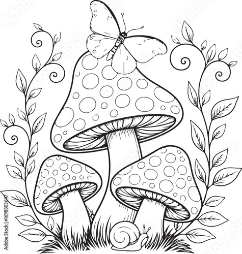 Black and white illustration of spotted mushrooms with butterfly and snail toadstool