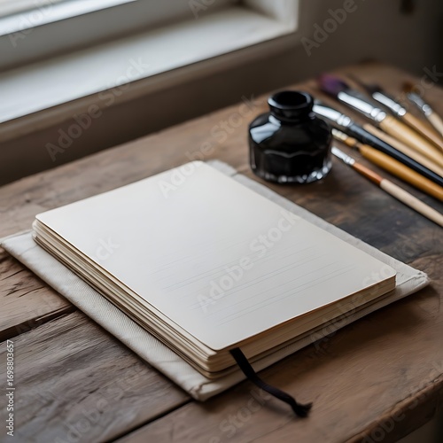 Blank Calligraphy Notebook with Brushes and Ink on Wooden Table